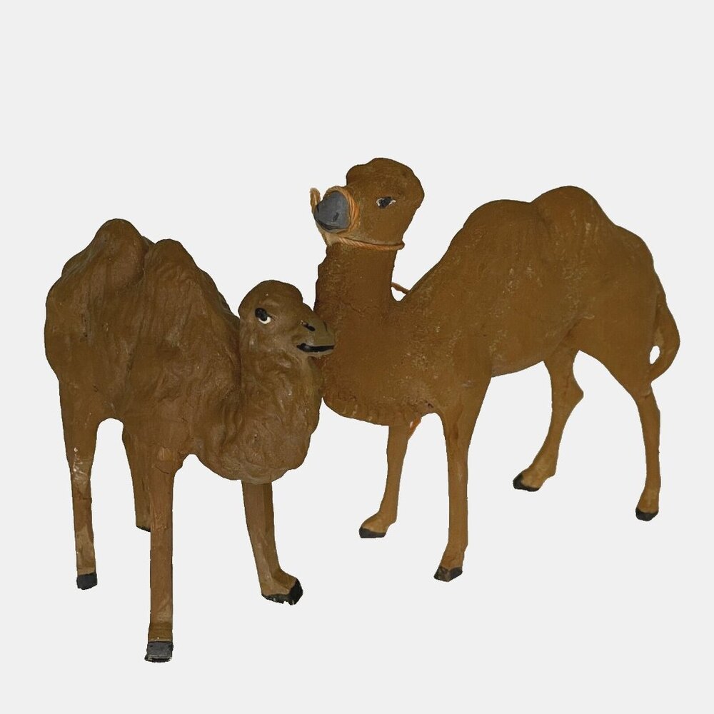 2 Pc Camels Antique PUTZ Germany Stick Leg Nativity Figures flocked 3.25,3.75 in